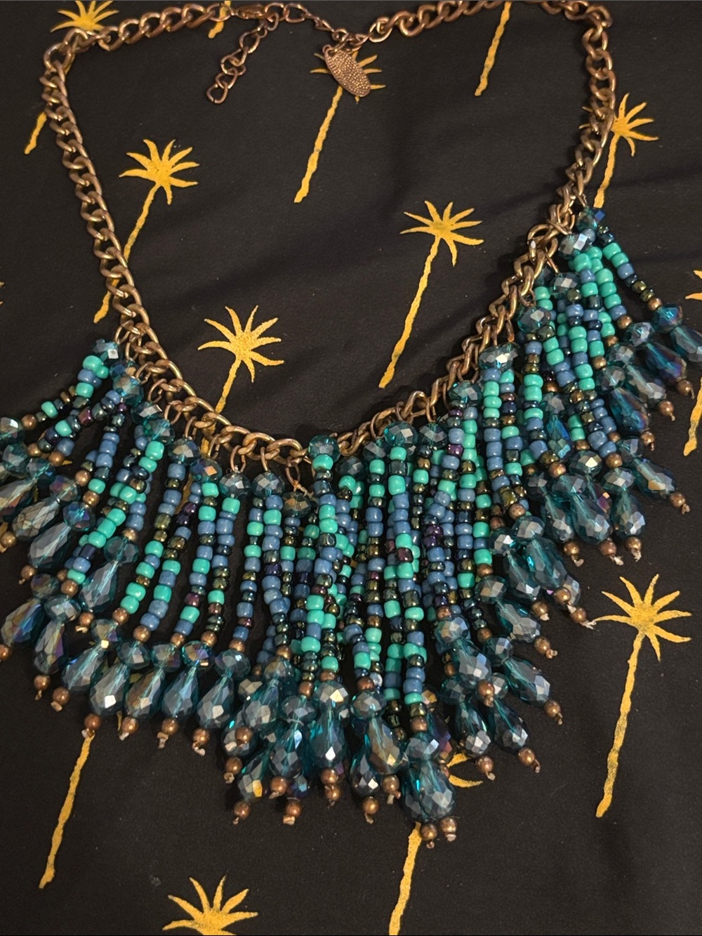 Beaded Fringe Statement Necklace - Turquoise & Teal